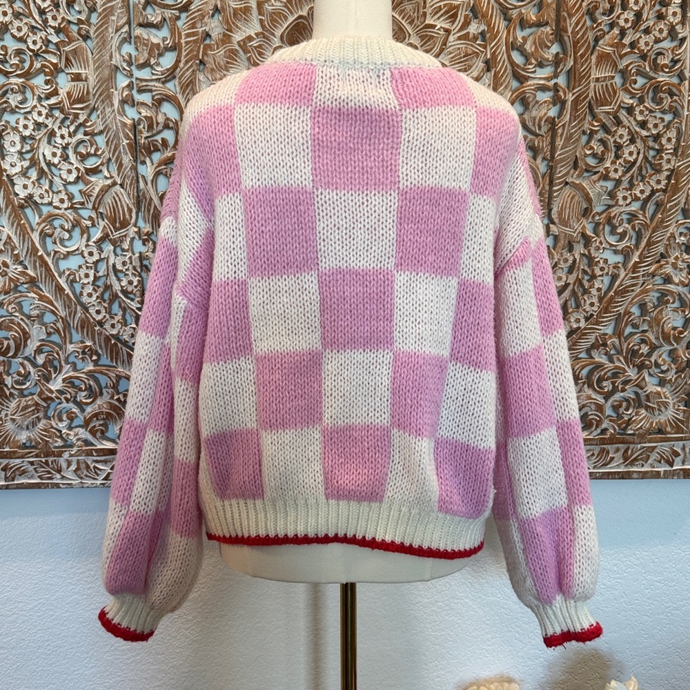 Luna Ivy Pink & White Crochet Checkered & Heart Sweater, Puff Sleeves, Cozy Soft - Picture 3 of 15